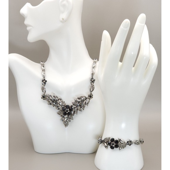 Jewelry - Vintage 1950s Marcasite Style Rhinestone Flower Necklace Bracelet Set Black Gray